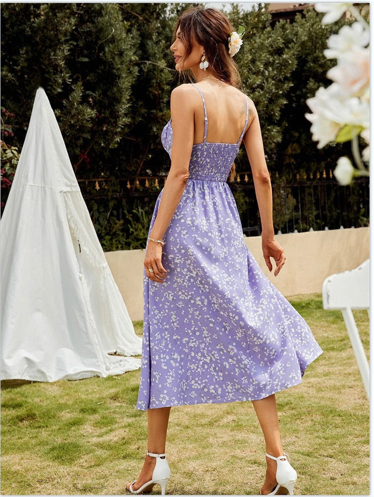 2023 Spaghetti Straps High Split Backless Print Lace-up Dress