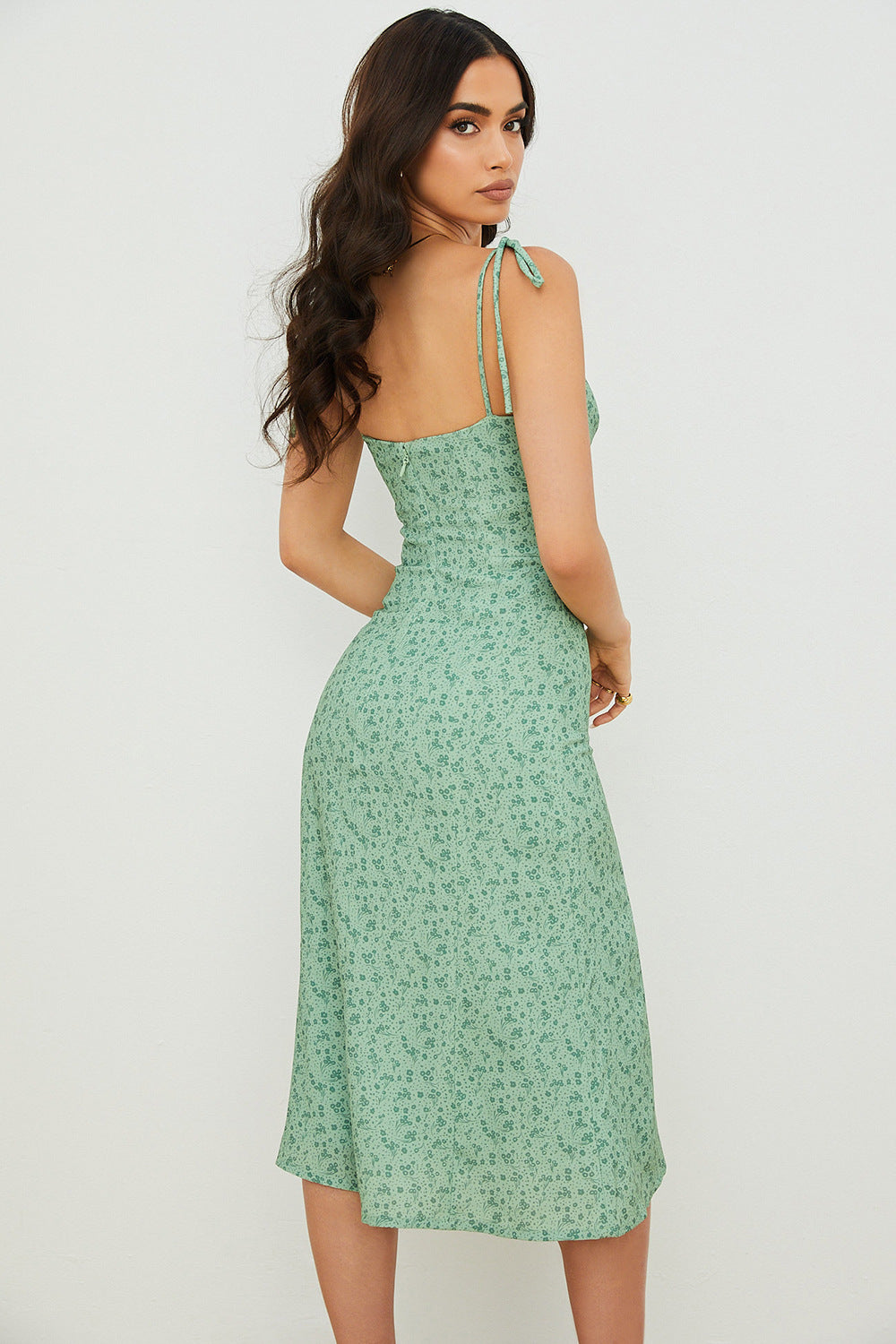 Sexy Deep V-neck High Split Spaghetti Straps Print Mid Dress