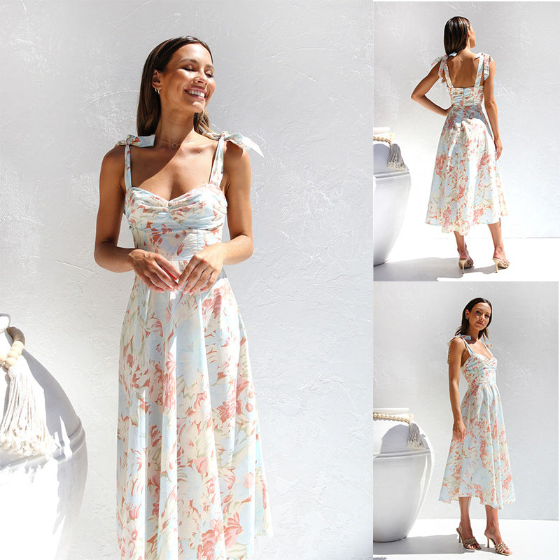 2023 New Slim V-neck Sling Print Long Floral Dress