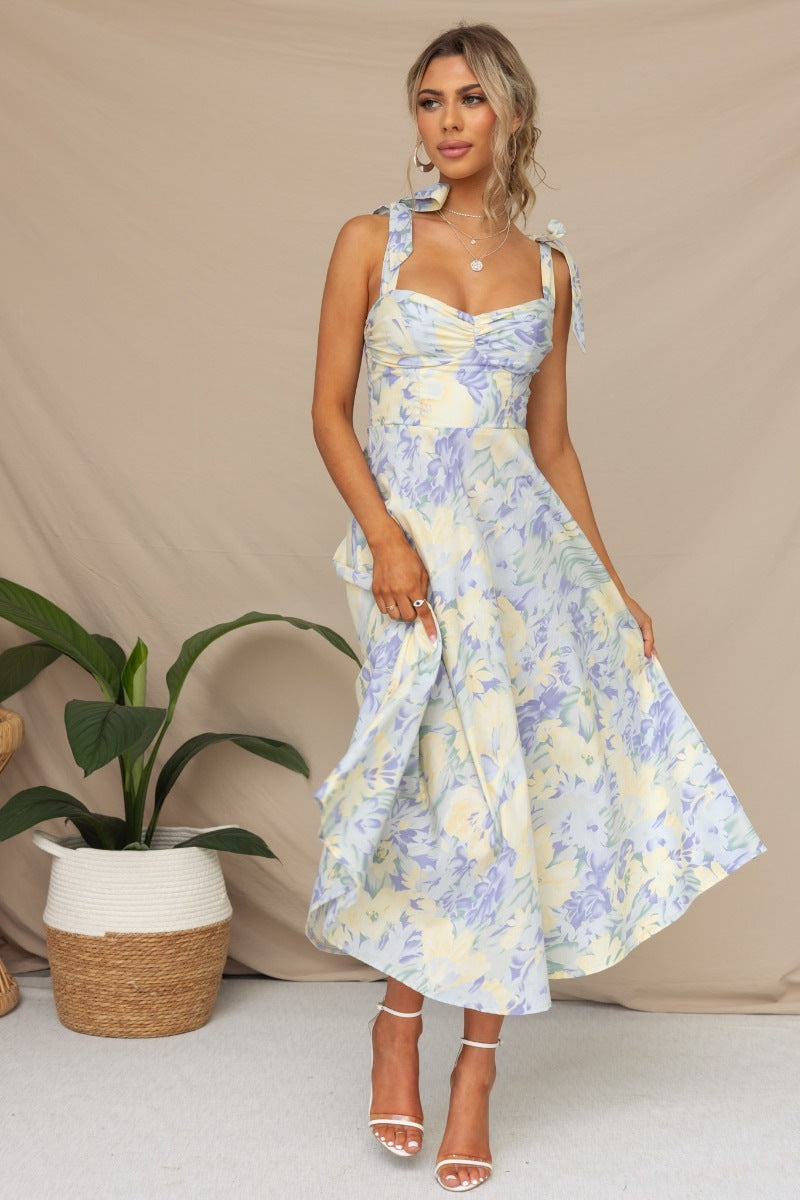 2023 New Slim V-neck Sling Print Long Floral Dress