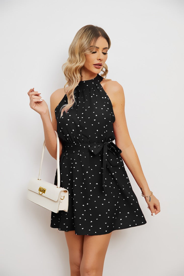 2023 Printed Lace-up Sleeveless Halter Short Dress
