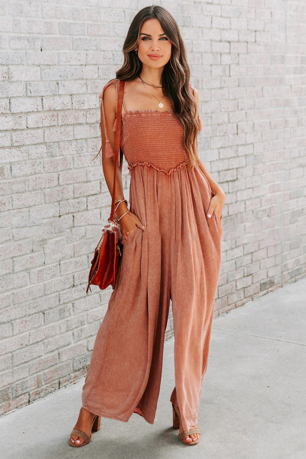 Orange Retro Washed Spaghetti Straps Smocked Wide Leg Jumpsuit