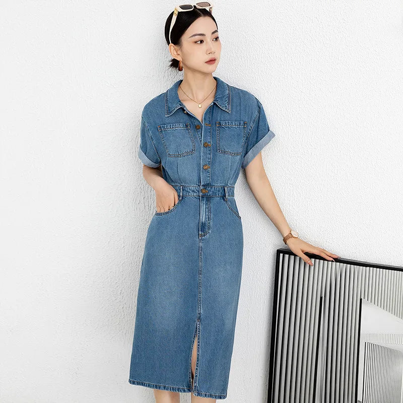 Polo Collar Single-breasted Short-sleeved Tencel Denim Dress Women's