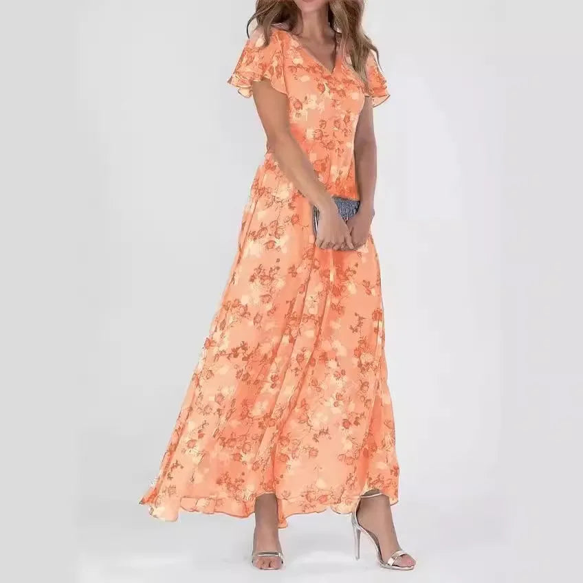 Print Flowers Butterfly Sleeves V-neck Ankle Length Summer Dress