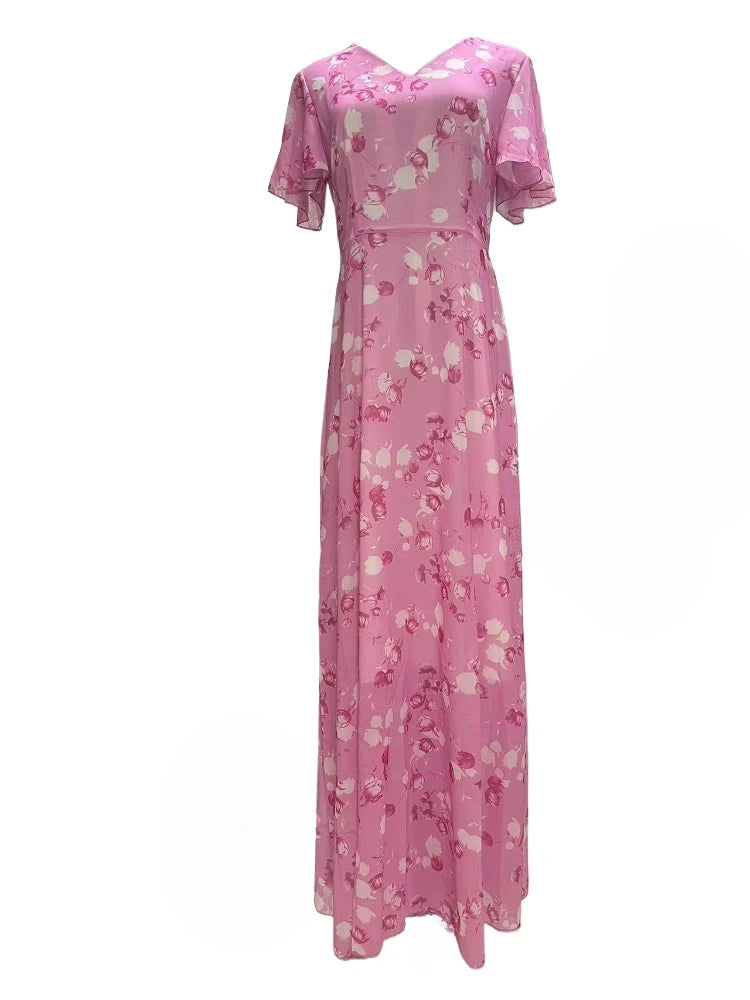 Print Flowers Butterfly Sleeves V-neck Ankle Length Summer Dress