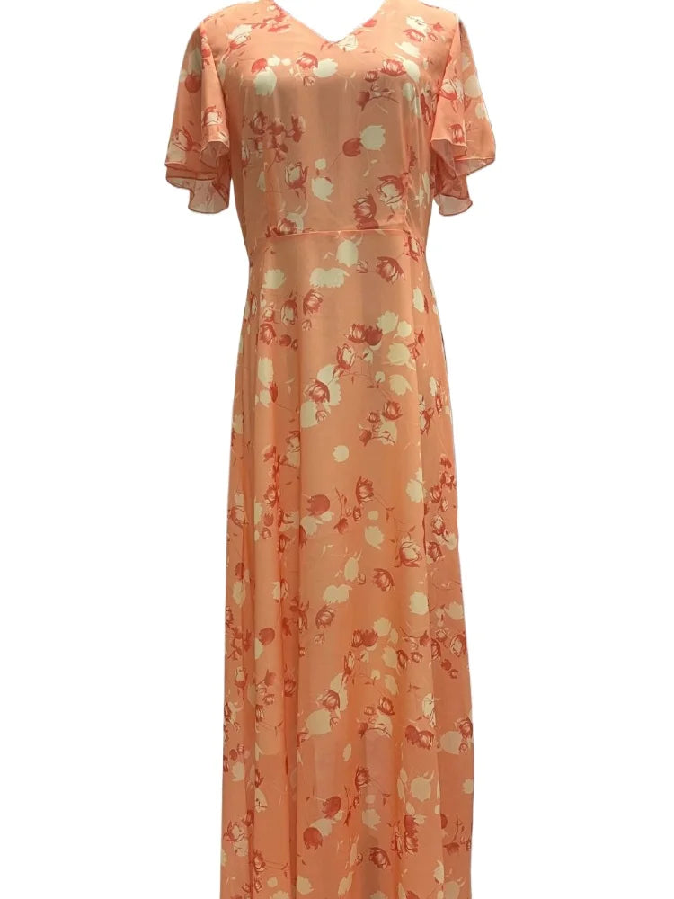 Print Flowers Butterfly Sleeves V-neck Ankle Length Summer Dress