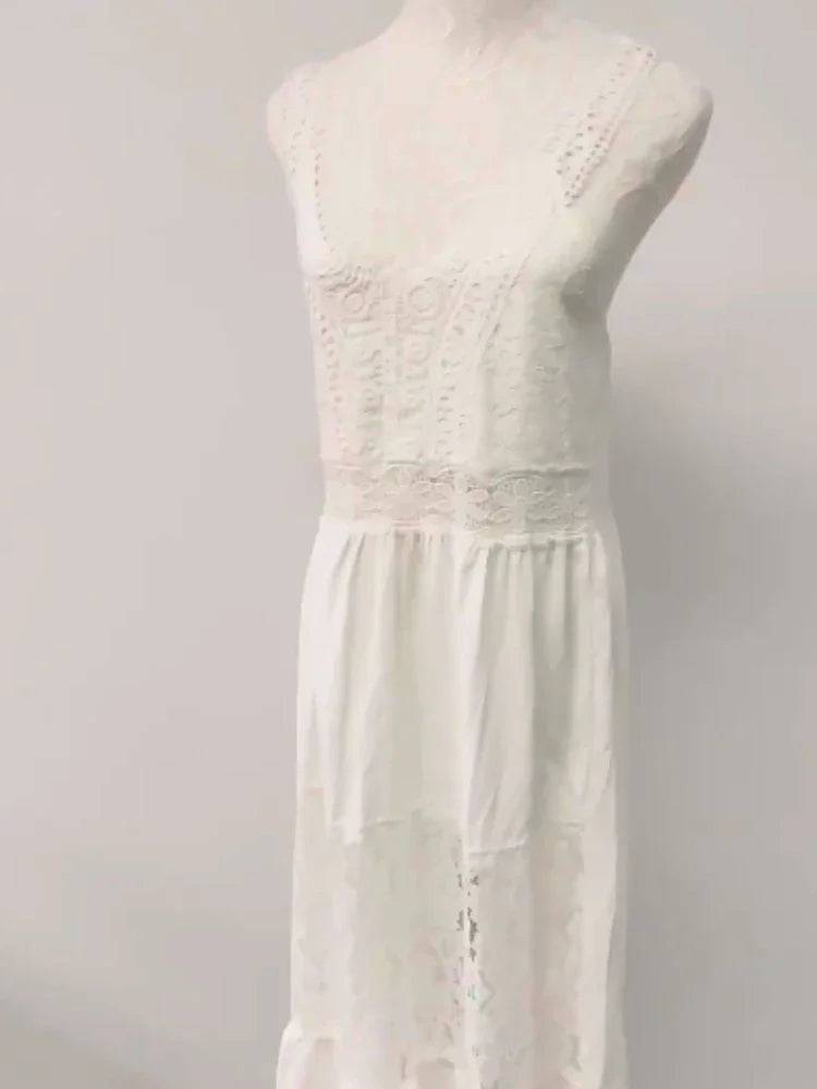 Sexy Lace Hollow V-neck Spaghetti Straps Short Dress White