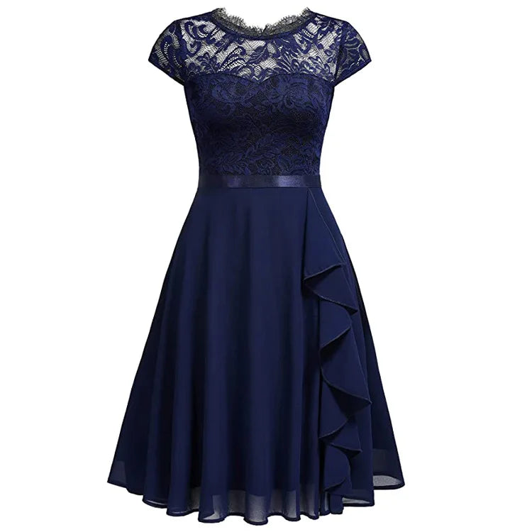 Elegant Short-sleeved Lace Ruffles Chiffon Short Dress