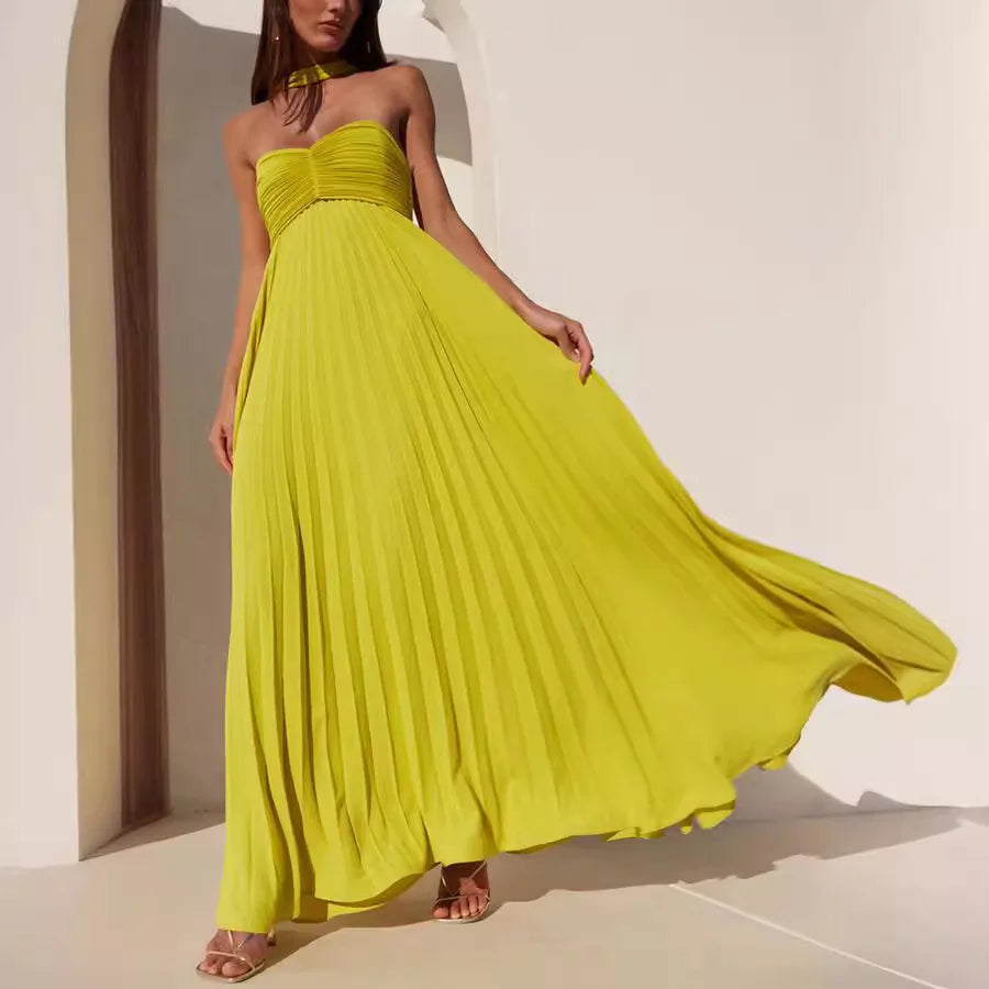 Elegant Solid Color Strapless Pleated Chiffon Long Dress