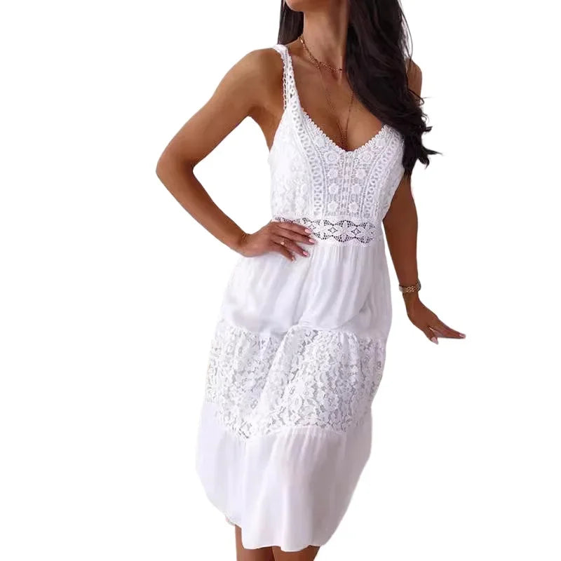 Sexy Lace Hollow V-neck Spaghetti Straps Short Dress White