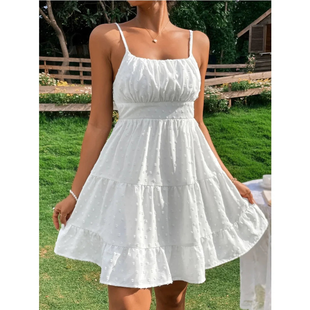 Spaghetti Straps Open Back Ruched Dots Short Summer Dress