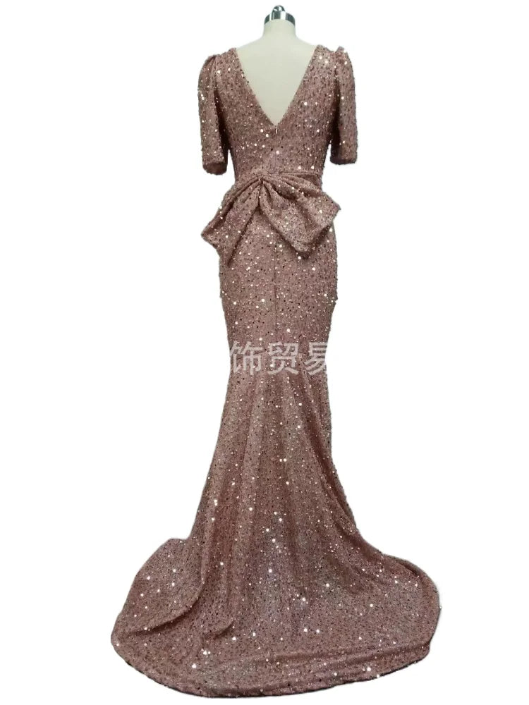 Sexy Double V-neck Hip Wrapped Sequined Back Bow Mermaid Long Evening Dress