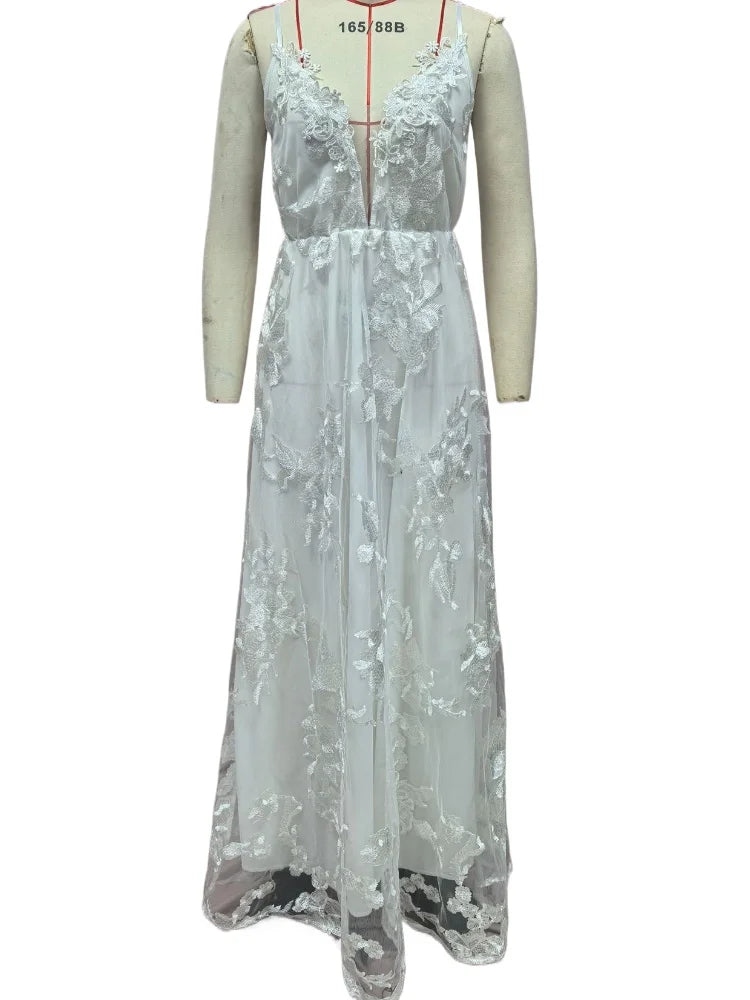 Sexy V-neck Open Back Spaghetti Straps Lace Long Dress White