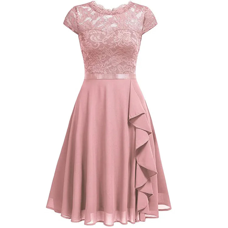 Elegant Short-sleeved Lace Ruffles Chiffon Short Dress