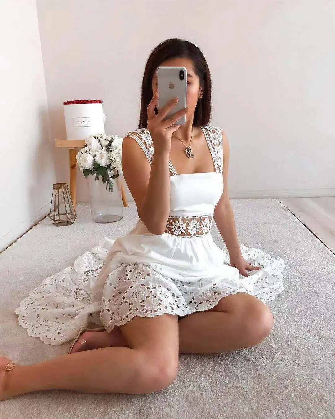 Fresh Open Back Waist Cut Lace Square Neck Long Summer Dress White