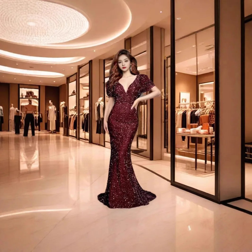 Sexy Double V-neck Hip Wrapped Sequined Back Bow Mermaid Long Evening Dress
