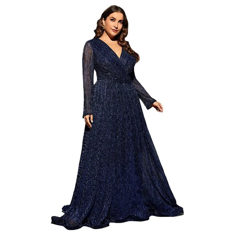 Elegant Long Sleeves Sequined Plus Size Formal Evening Dress Blue