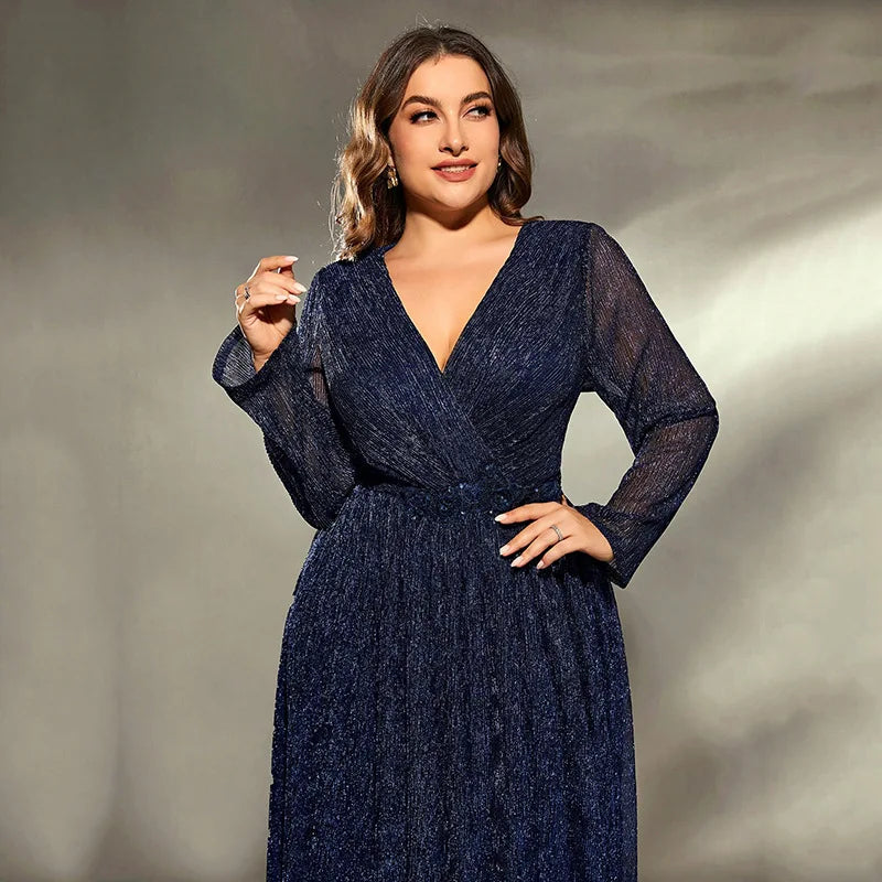 Elegant Long Sleeves Sequined Plus Size Formal Evening Dress Blue