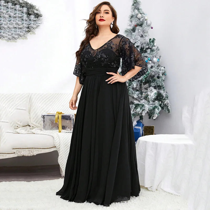 Elegant V-neck Sequined Mesh Chiffon Long Formal Dress Black