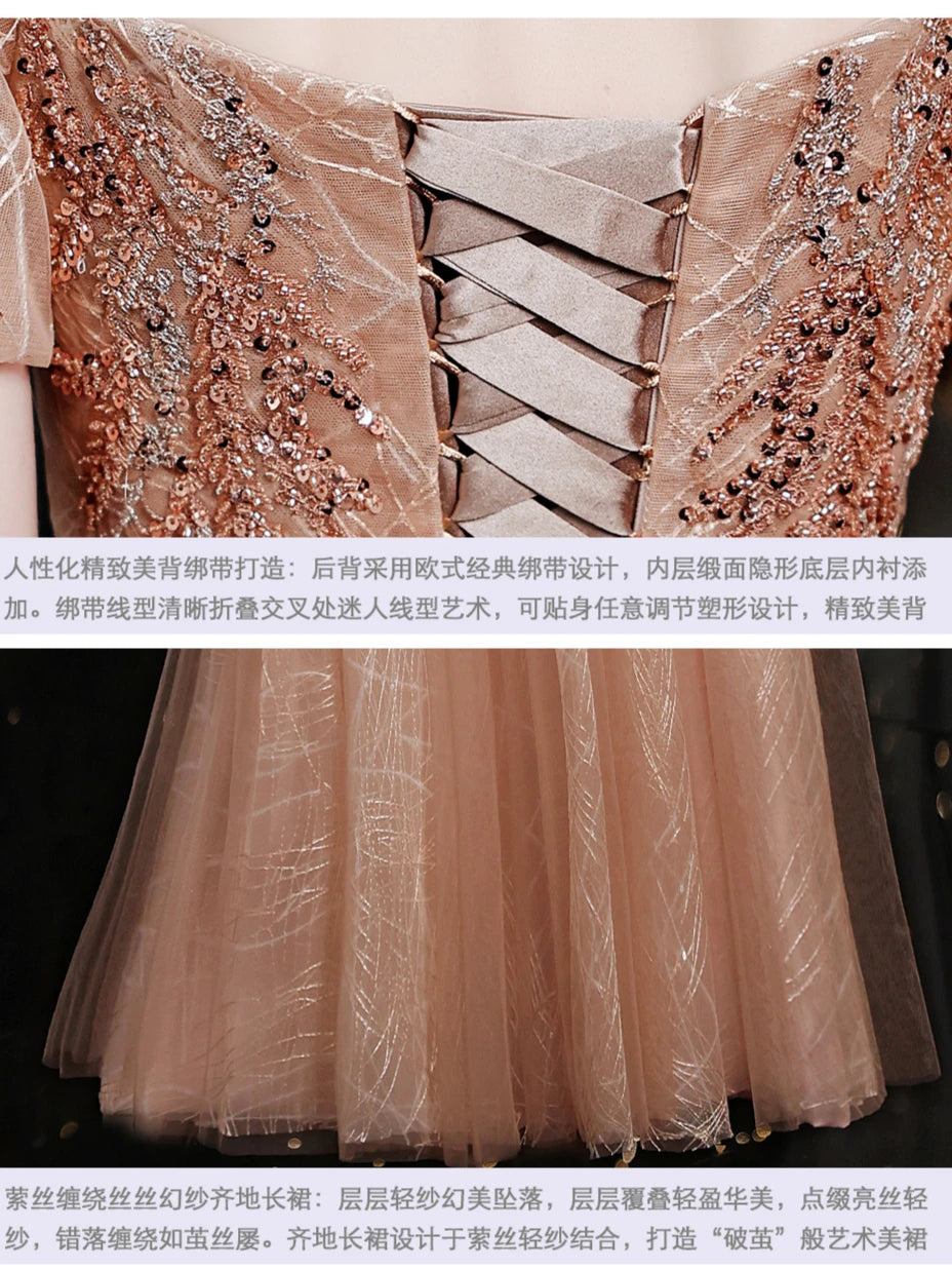 Gorgeous Puff Sleeves Square Neck Embroidery Sequined Beading Long Formal Evening Dress