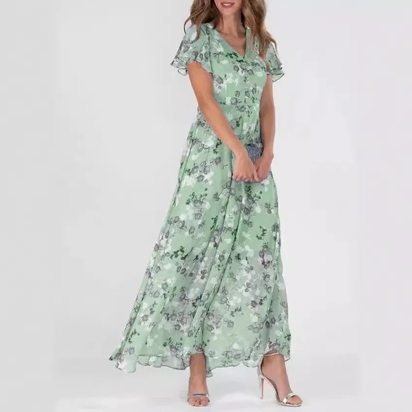 Print Flowers Butterfly Sleeves V-neck Ankle Length Summer Dress