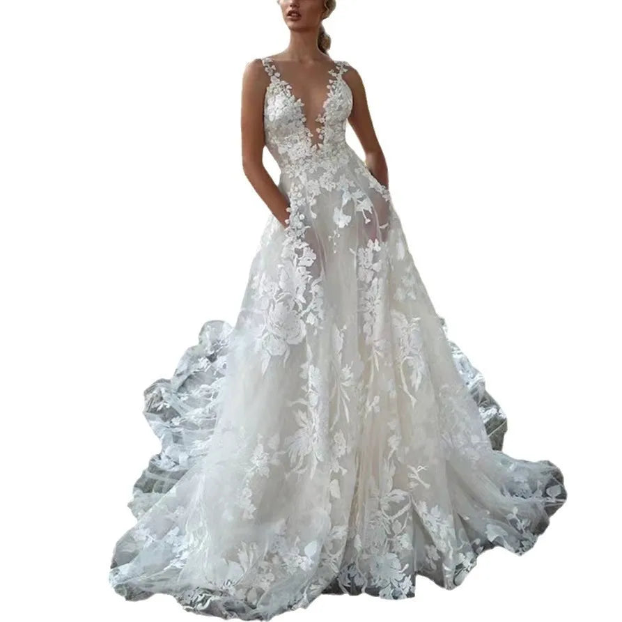 Sexy V-neck Open Back Spaghetti Straps Lace Long Dress White