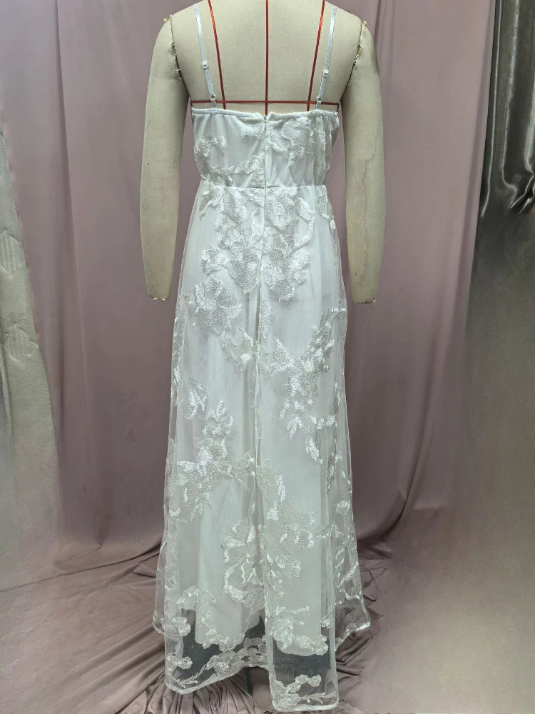 Sexy V-neck Open Back Spaghetti Straps Lace Long Dress White