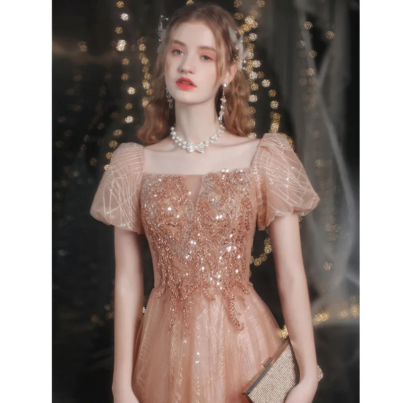 Gorgeous Puff Sleeves Square Neck Embroidery Sequined Beading Long Formal Evening Dress