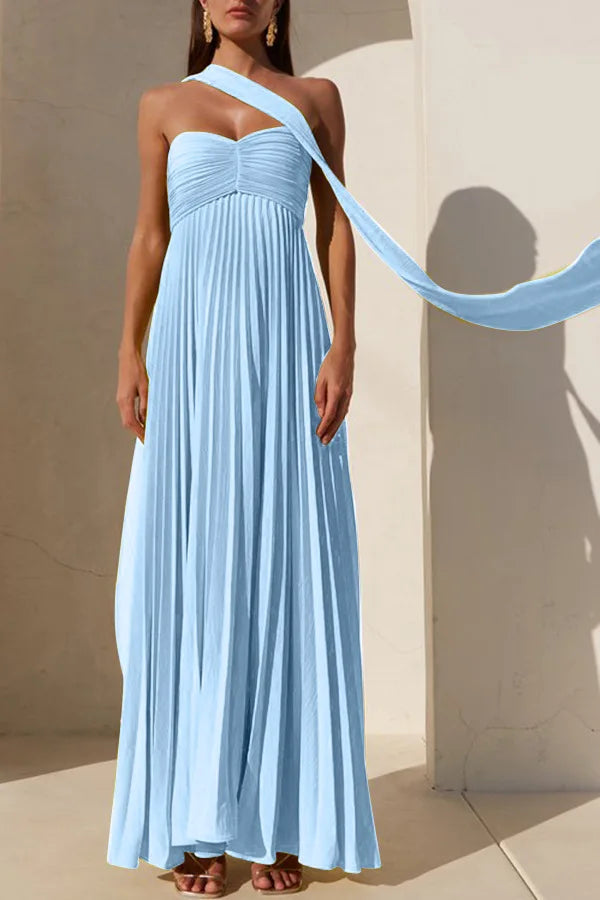Elegant Solid Color Strapless Pleated Chiffon Long Dress