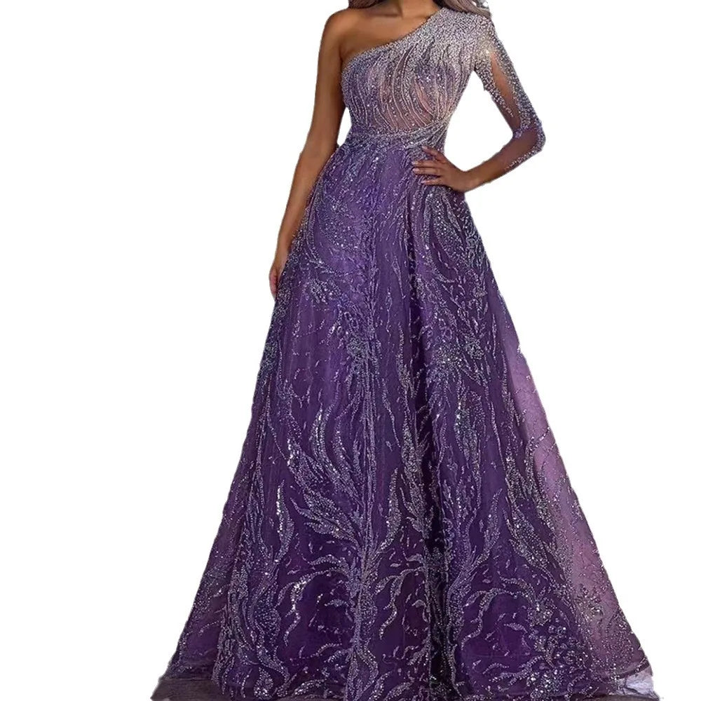 2025 Sequined One Shoulder Long Formal Evening Dress Purple