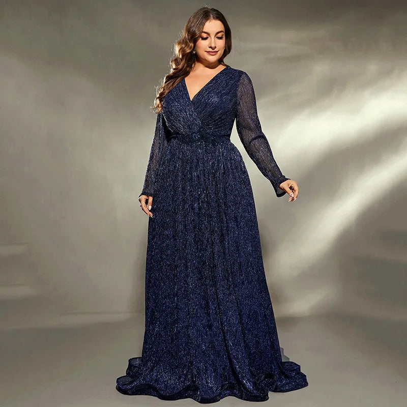 Elegant Long Sleeves Sequined Plus Size Formal Evening Dress Blue