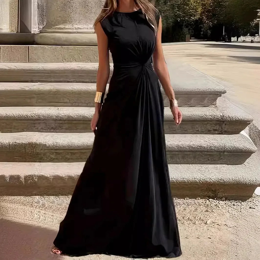 Solid Color Round Neck Ruched Long Dress