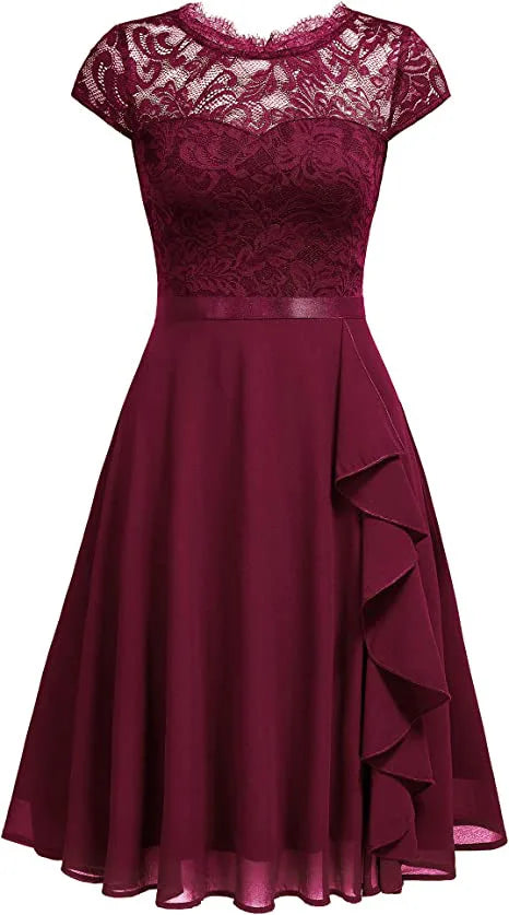 Elegant Short-sleeved Lace Ruffles Chiffon Short Dress
