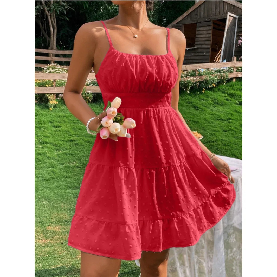 Spaghetti Straps Open Back Ruched Dots Short Summer Dress