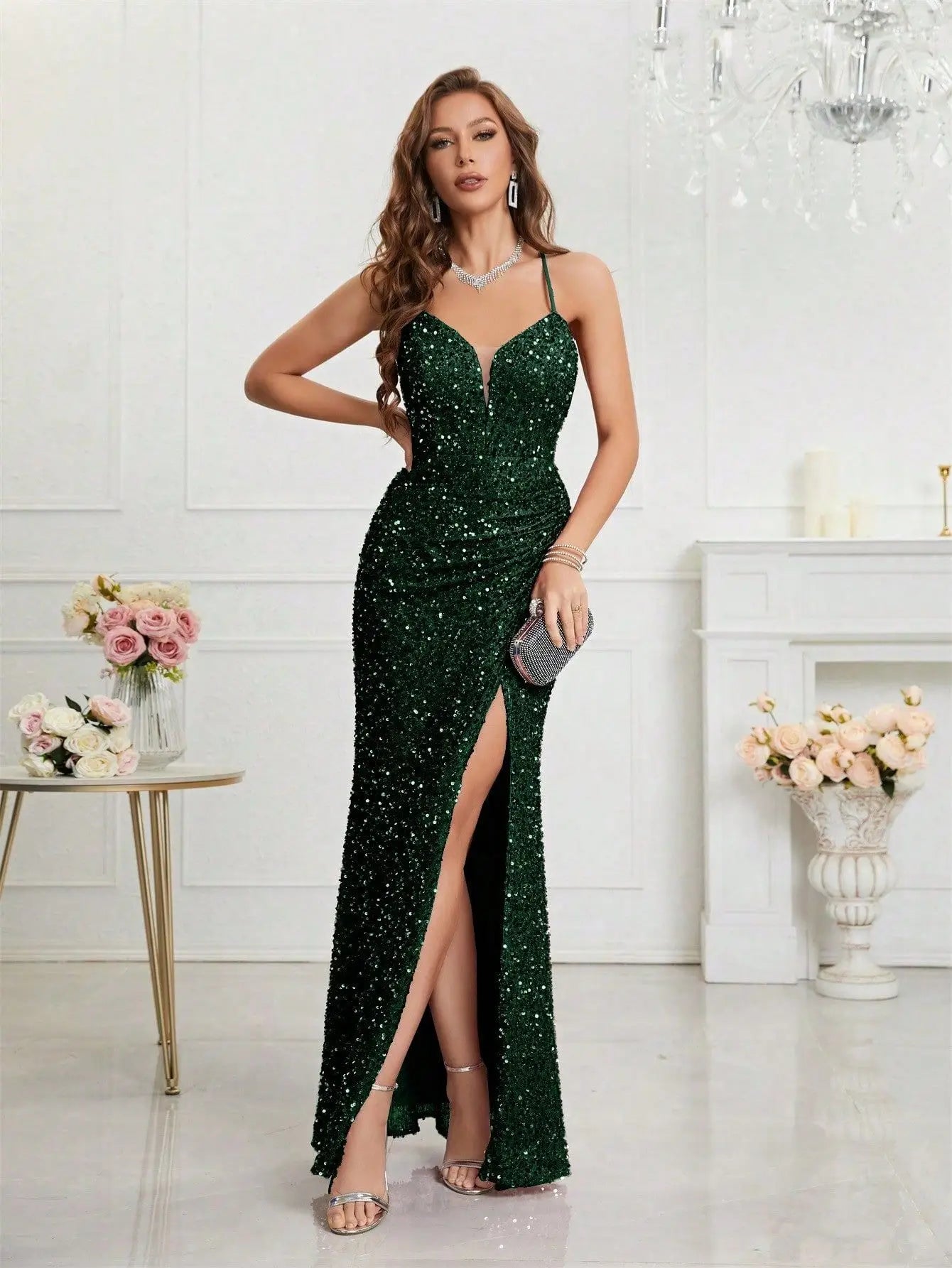 2024 V-neck Spaghatti Straps Sequined Formal Evening Prom Dress