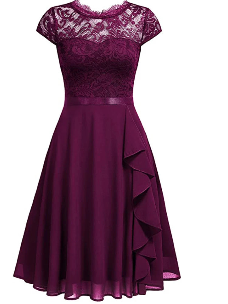 Elegant Short-sleeved Lace Ruffles Chiffon Short Dress