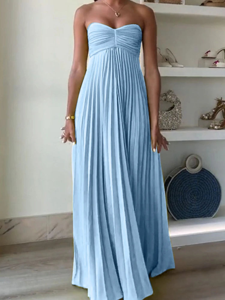 Elegant Solid Color Strapless Pleated Chiffon Long Dress