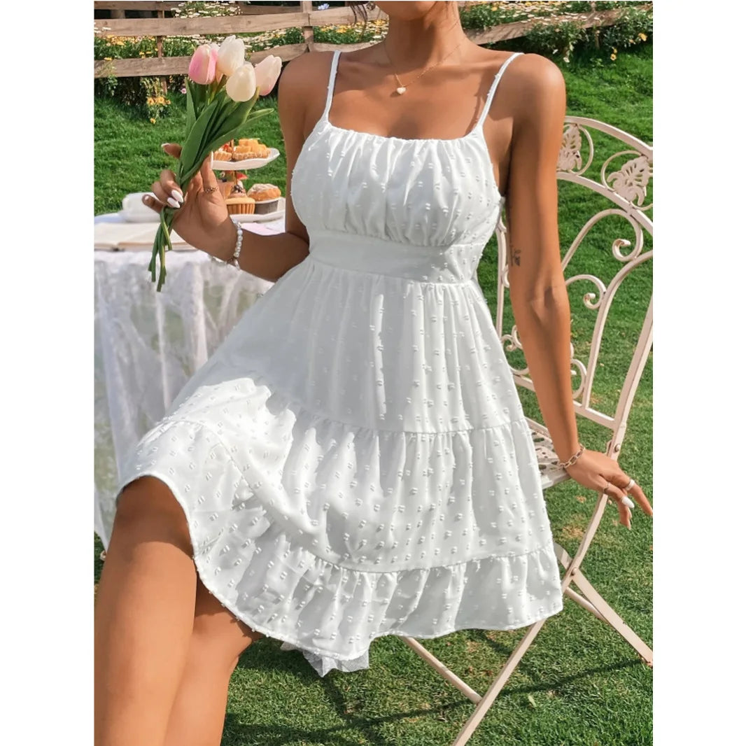 Spaghetti Straps Open Back Ruched Dots Short Summer Dress