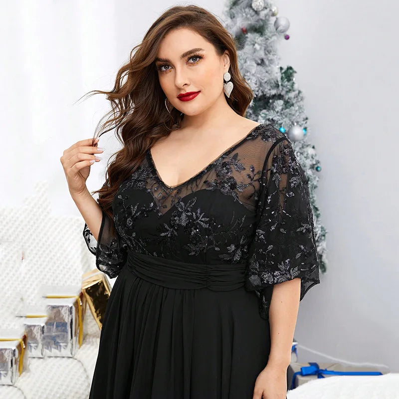 Elegant V-neck Sequined Mesh Chiffon Long Formal Dress Black