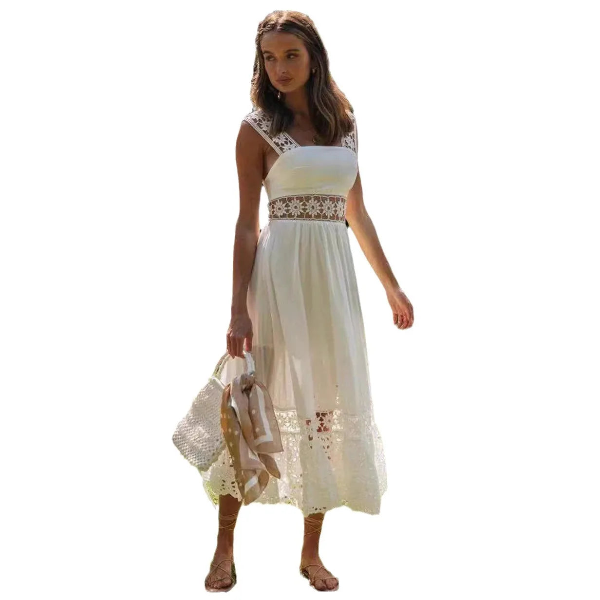 Fresh Open Back Waist Cut Lace Square Neck Long Summer Dress White