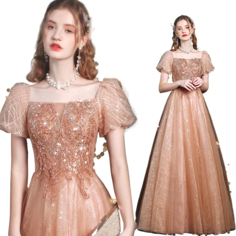 Gorgeous Puff Sleeves Square Neck Embroidery Sequined Beading Long Formal Evening Dress