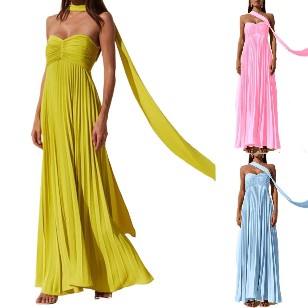 Elegant Solid Color Strapless Pleated Chiffon Long Dress