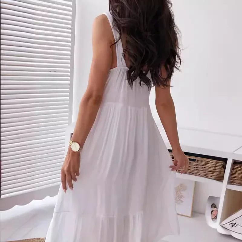 Sexy Lace Hollow V-neck Spaghetti Straps Short Dress White
