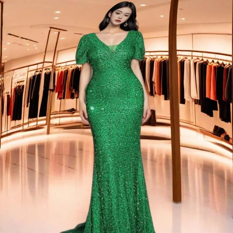 Sexy Double V-neck Hip Wrapped Sequined Back Bow Mermaid Long Evening Dress