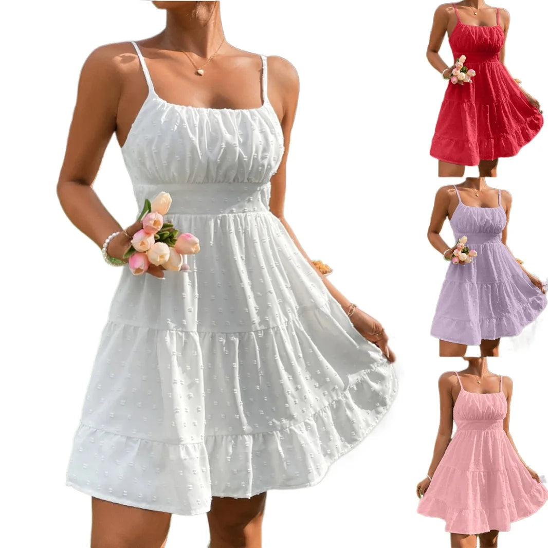 Spaghetti Straps Open Back Ruched Dots Short Summer Dress