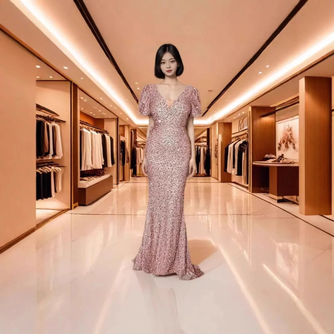 Sexy Double V-neck Hip Wrapped Sequined Back Bow Mermaid Long Evening Dress