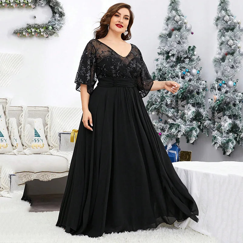 Elegant V-neck Sequined Mesh Chiffon Long Formal Dress Black