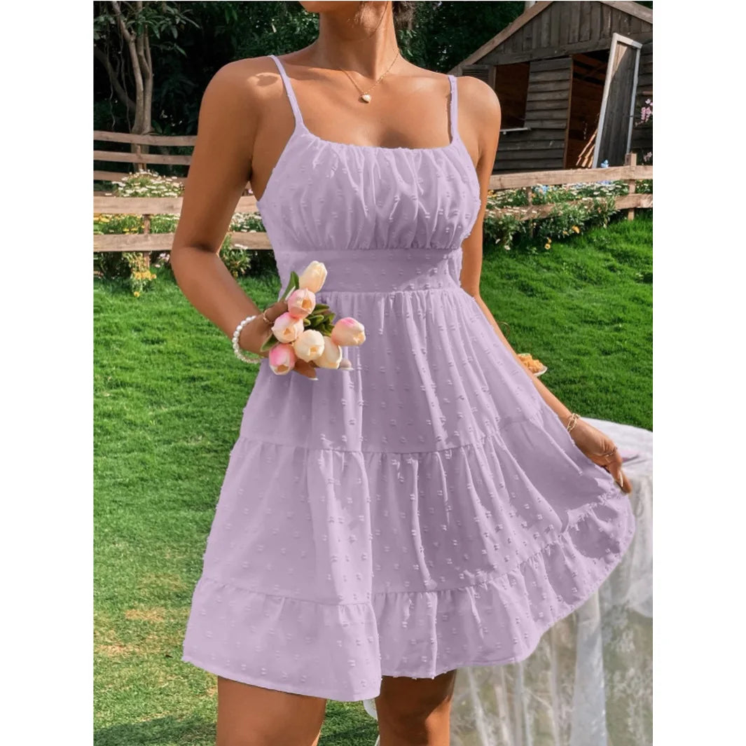 Spaghetti Straps Open Back Ruched Dots Short Summer Dress