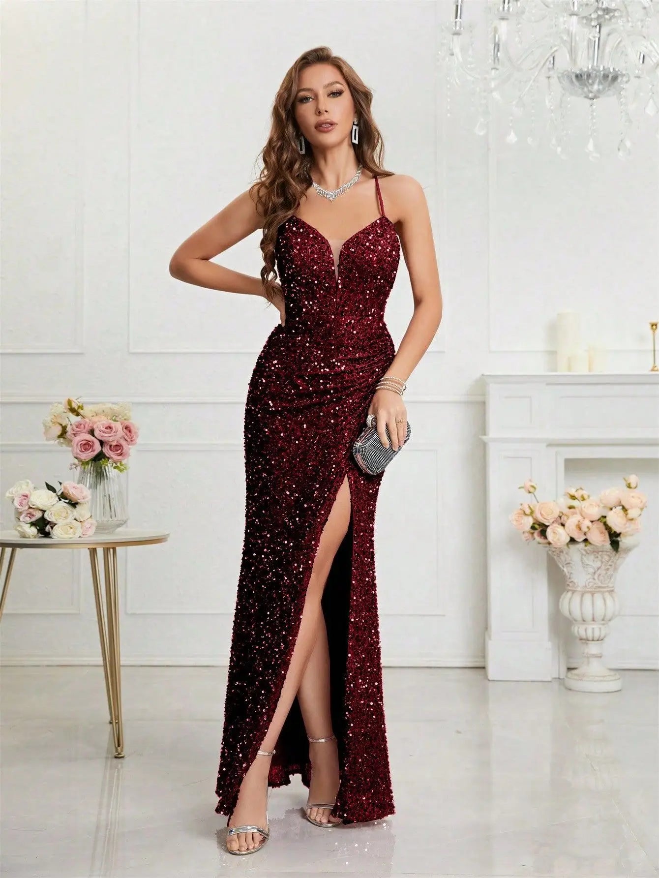 2024 V-neck Spaghatti Straps Sequined Formal Evening Prom Dress