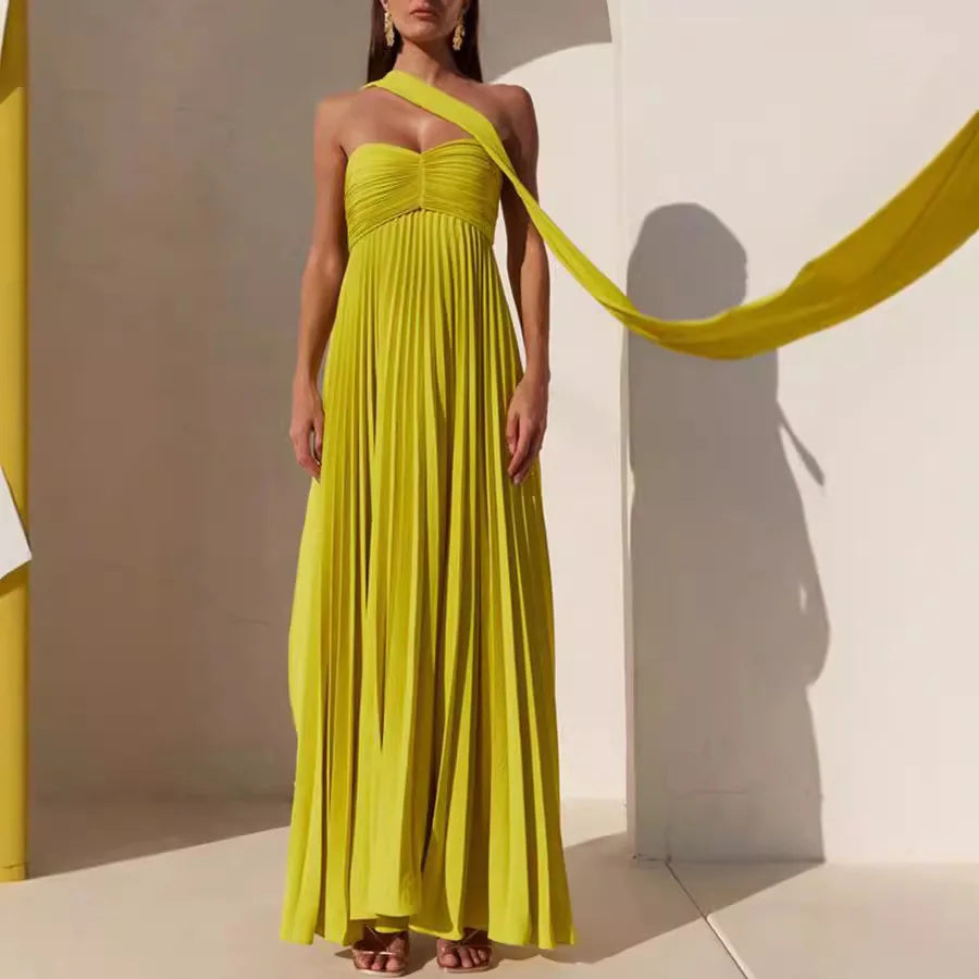 Elegant Solid Color Strapless Pleated Chiffon Long Dress